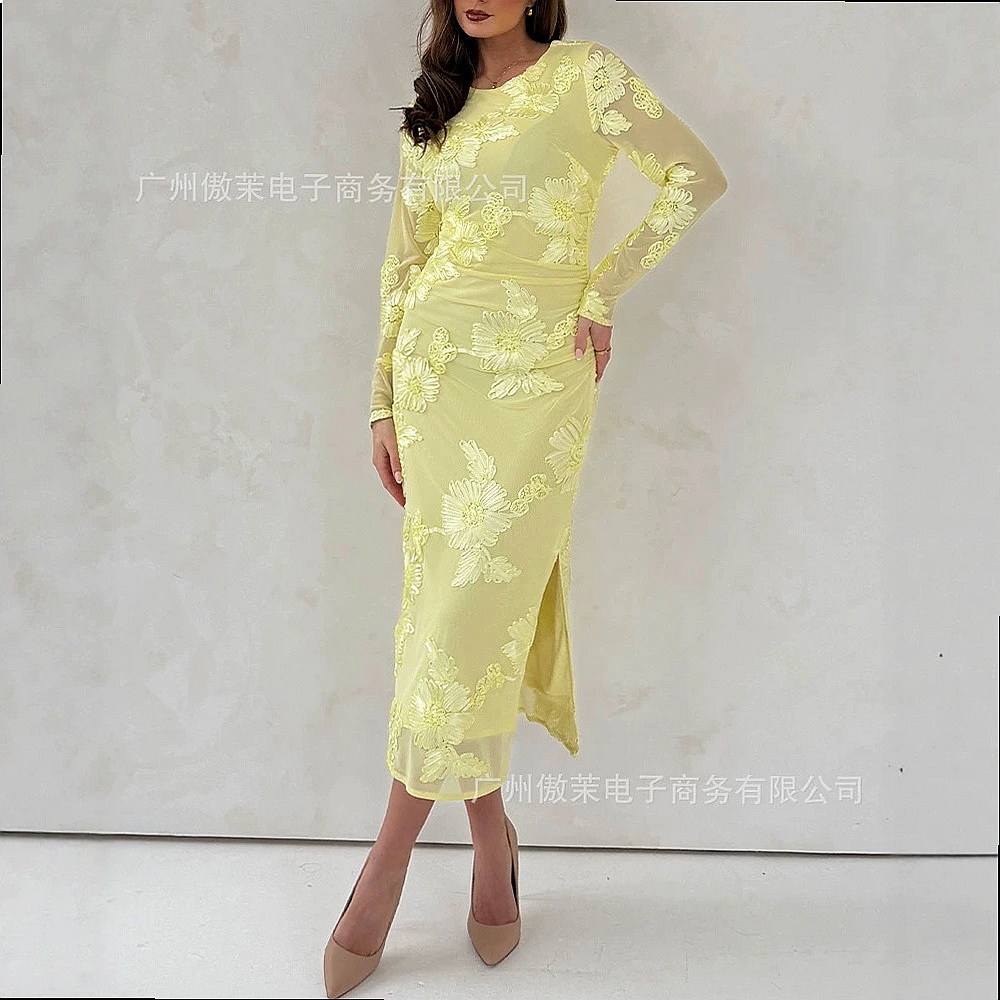 Gaun Bodycon Berbahan Jaring d - Embroidery Yellow Dress ulasan dan harga